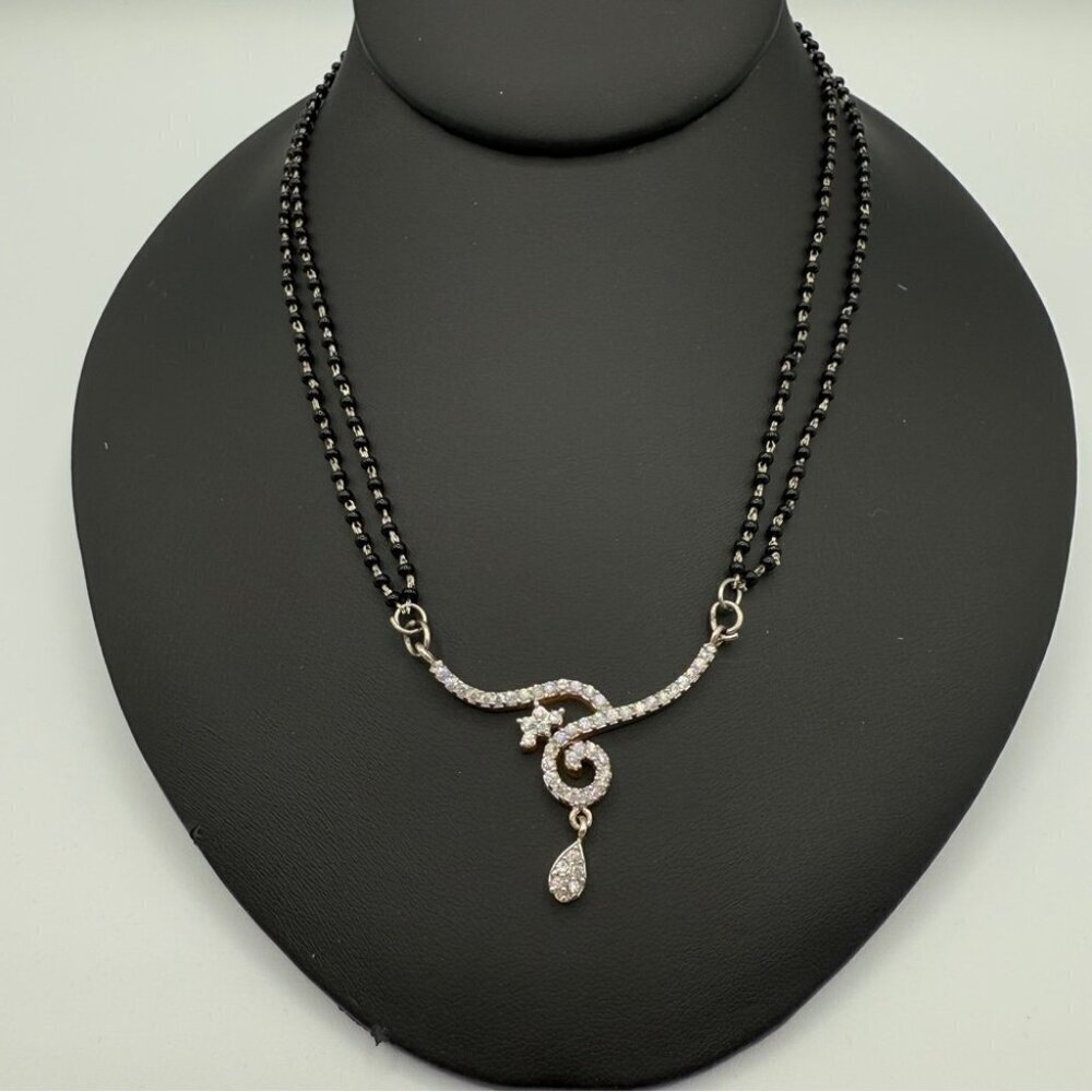 Dainty Necklace with Black Beaded Chain and CZ studded Asymmetrical Pendant